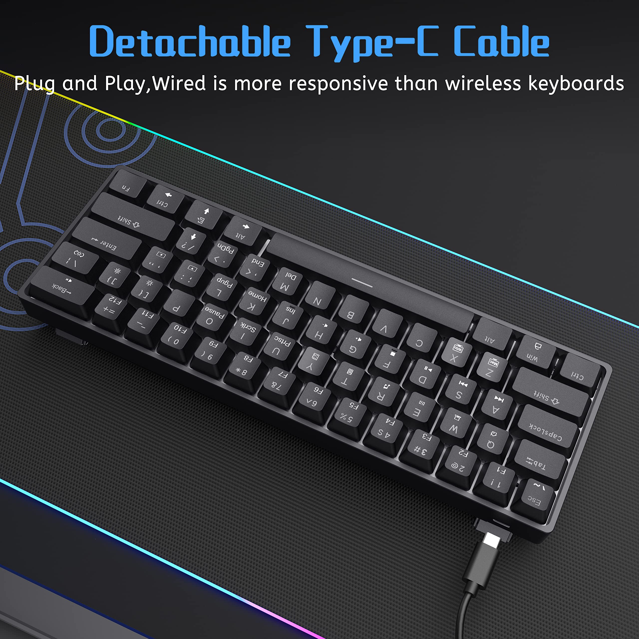 DIERYA 60% Mechanical Keyboard, DK61se Wired Gaming Keyboard with Blue Switches, LED Backlit Ultra-Compact 61 Keys Mini Office Keyboard for Windows Laptop PC Gamer Typist（Black）