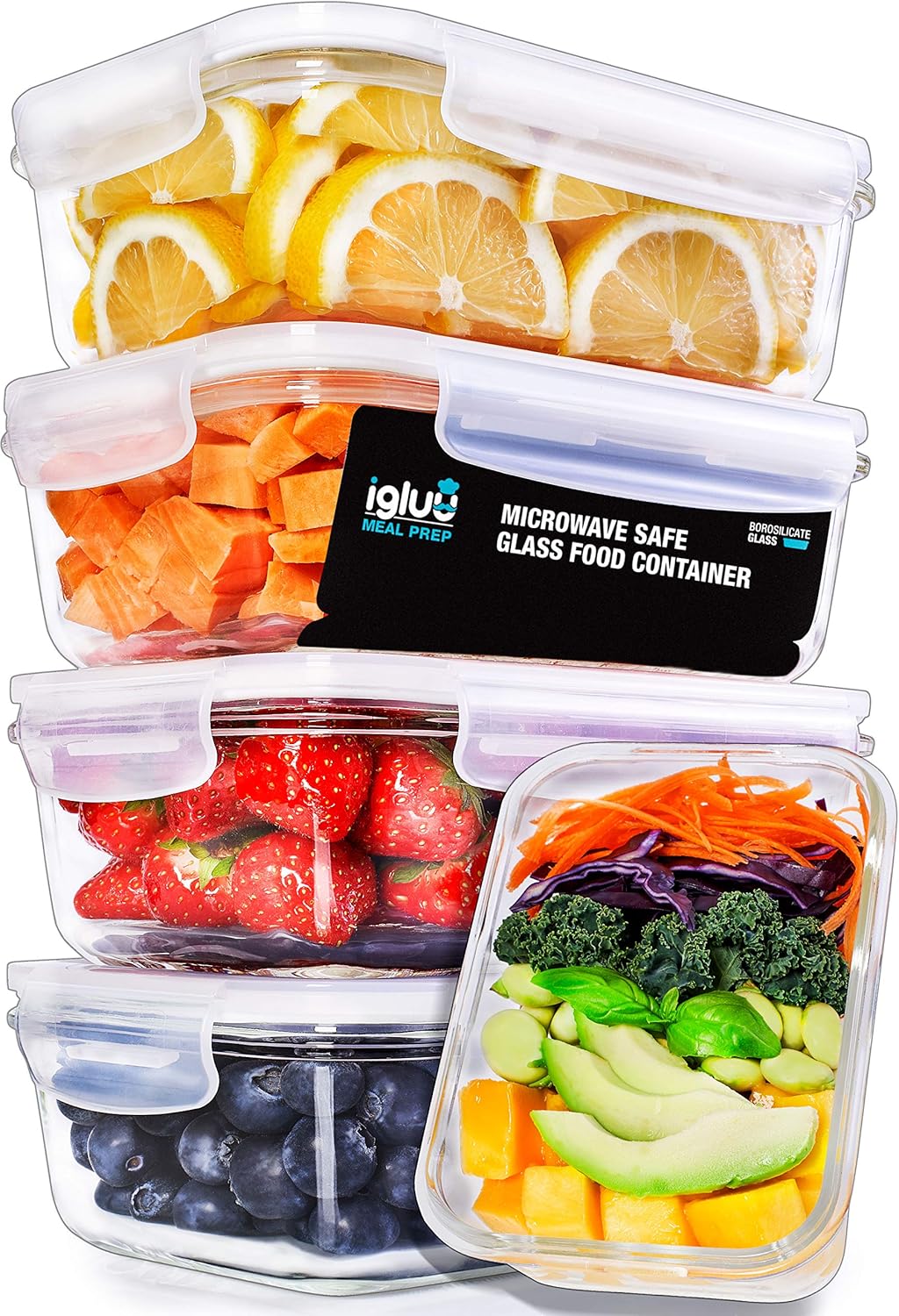Igluu Meal Prep Glass Containers with Air Vent Lids (5 Pack+Extra Lid), Airtight & BPA-Free, Oven, Microwave