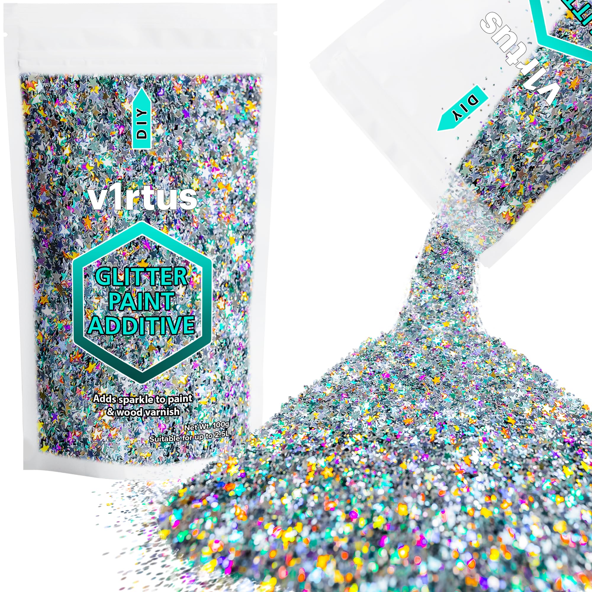 Silver Holographic Stars Glitter Paint Additive 100g | Sparkle Glitter Paint for Walls Interior Exterior, v1rtus