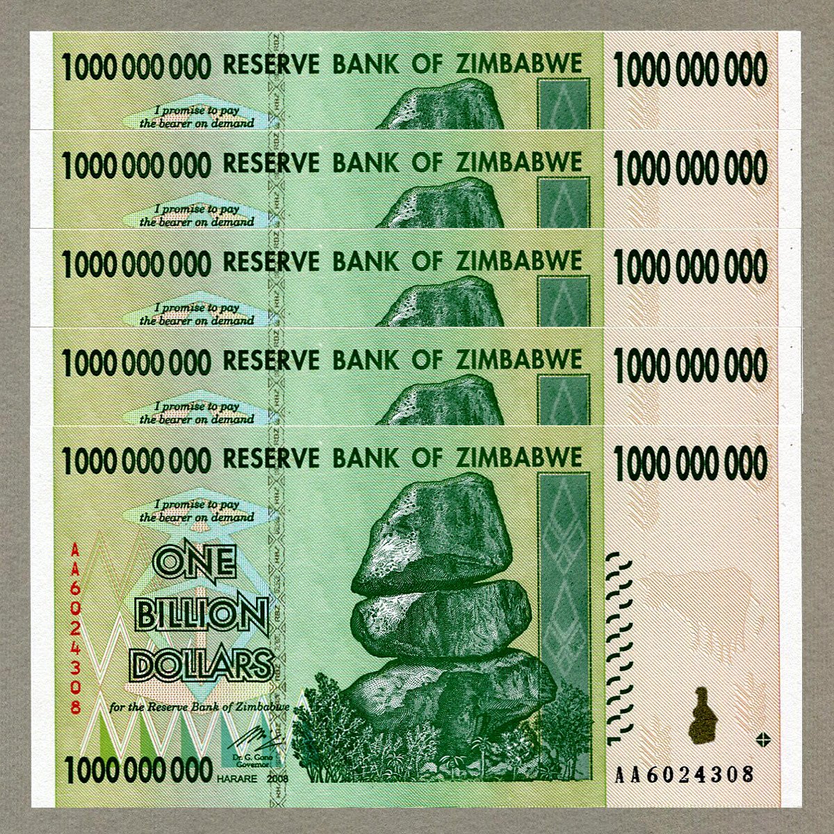 Zimbabwe 1 Billion Dollars x 5 pcs AA 2008 P83 consecutive UNC currency bills