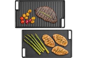 Navaris Reversible Cast Iron Grill/Griddle - 18.5" x 10.8"(47 x 27.5cm) Pre-Seasoned with Handles, Flat & Ribbed Rectangular 