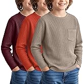 LessonZoo 3 Pack Boys Waffle Long Sleeve T-Shirts 5-14 Years Kids Thermal Pocket Crew Neck Tops Youth Fall Warm Shirts Tees