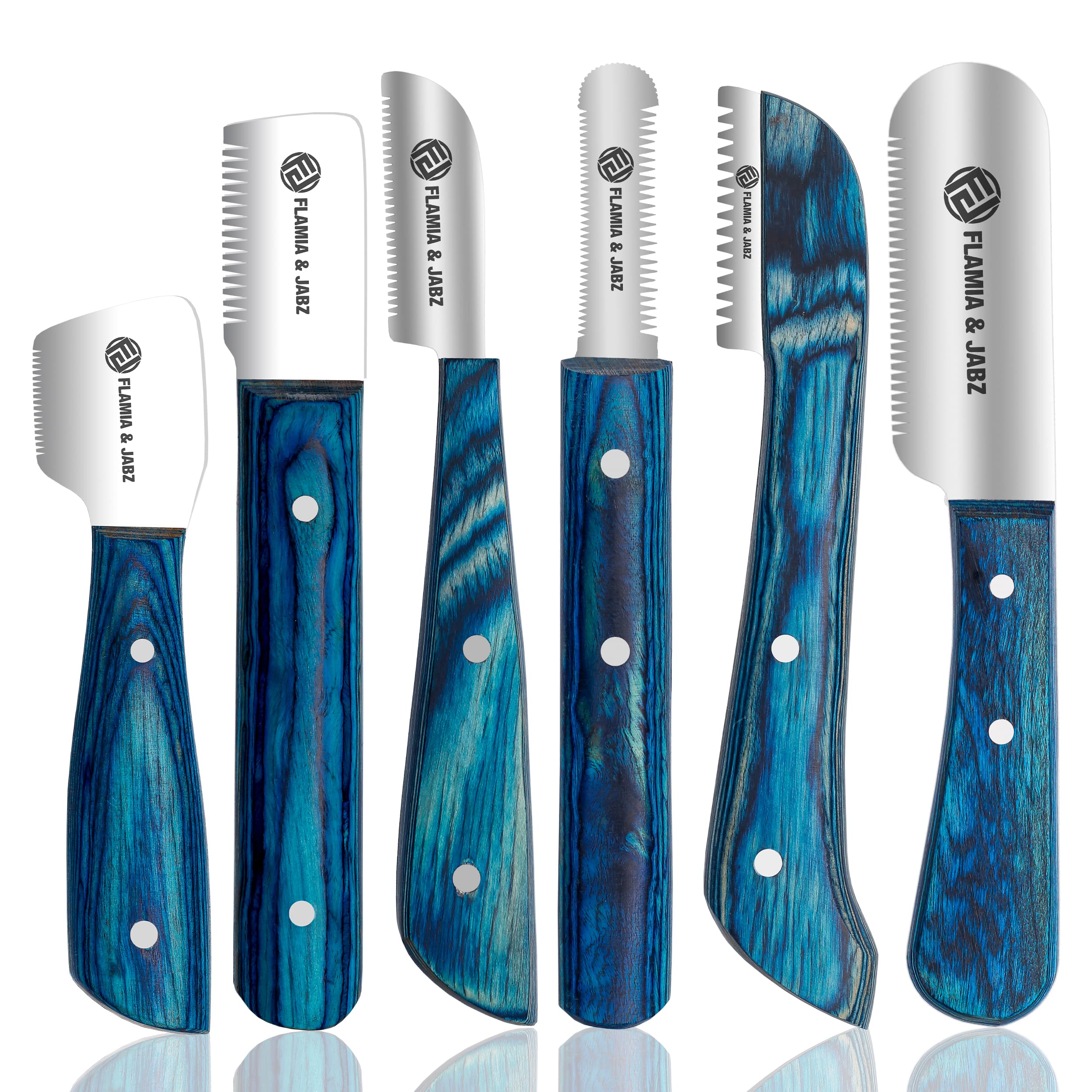 FLAMIA & JABZ Professional Stripping Knife kit (6 Pieces Set) for Dogs & Pets, Wooden Handle Grip with Stainless Steel Comb (Right Handed) (Blue)