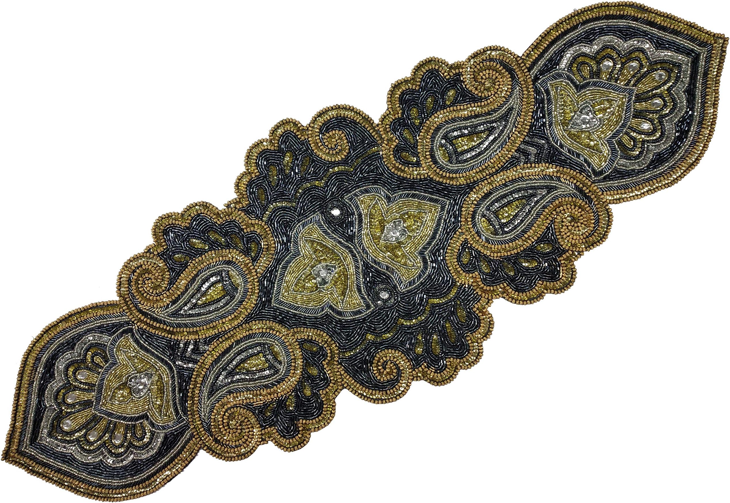 Hand Made Beaded Table Runner 13x36 Inch in Mini Paisley Design Charcoal Silver Gold Colors,Produced by Skilled Village Artisans in India - A Beautiful Complements to Dinner