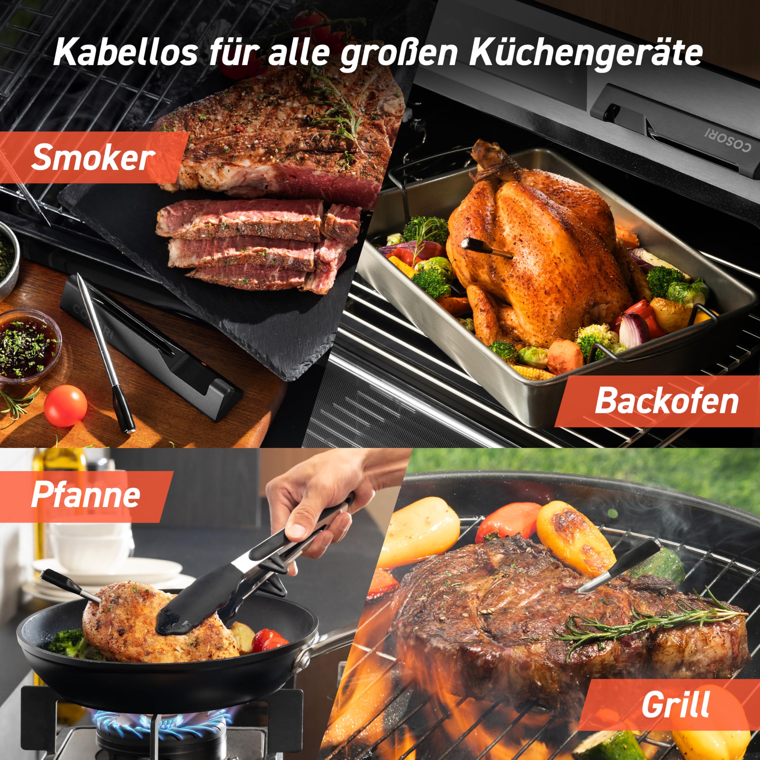 COSORI Erstes Smartes Fleischthermometer, Kabelloses Grillthermometer Bluetooth, perfekt für Heißluftfritteuse, Bratenthermometer für Küche und Grill, Spülmaschinenfest, Schwarz 6