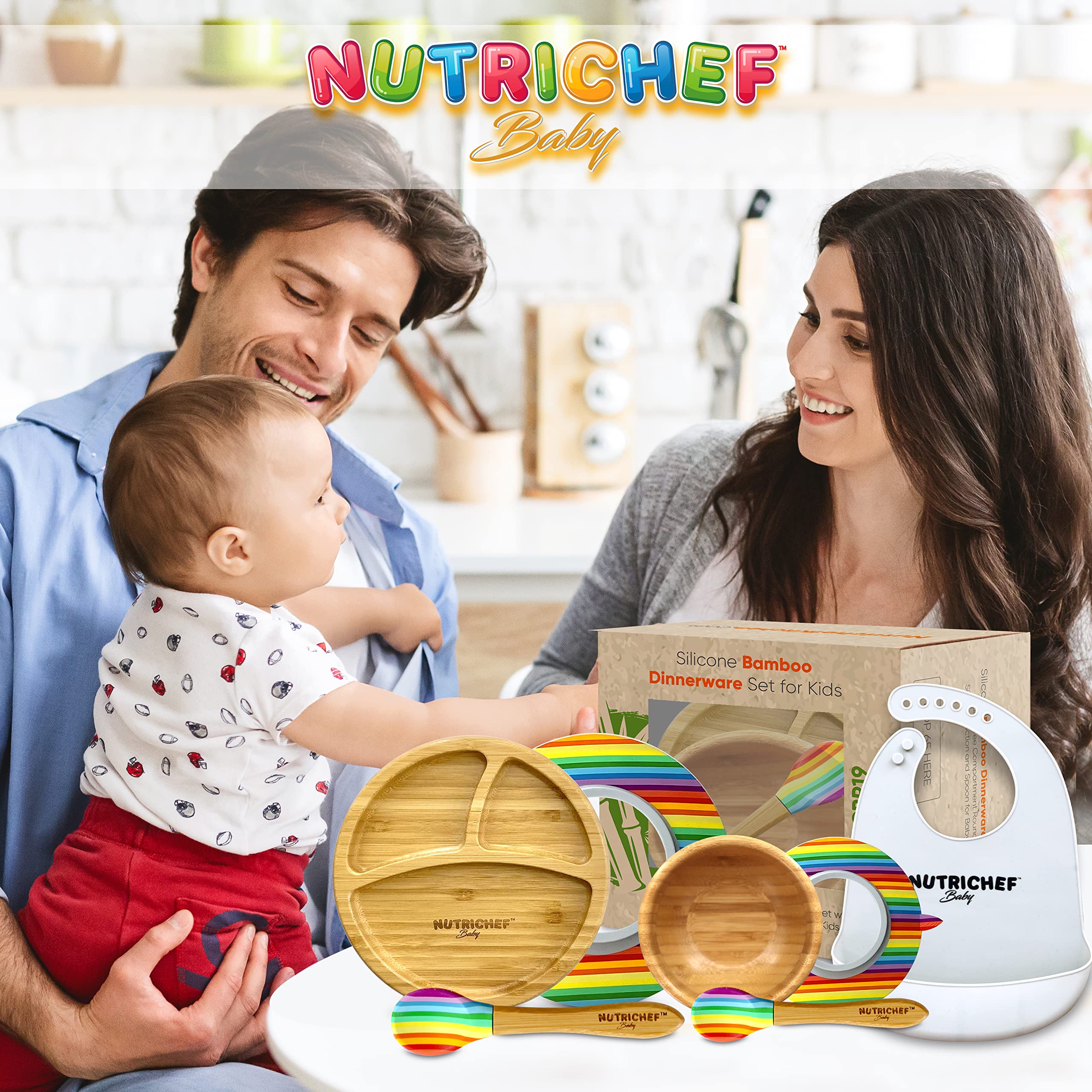Nutrichef Baby and Toddler, 3 compartment plate, bowl, and spoon feeding set- silicon suction, Non-toxic all natural Bamboo baby food plate with silicon bib