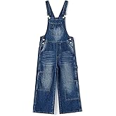 KIDSCOOL SPACE Girls’ Denim Overalls, Wide Leg Jean Dungaree Pants