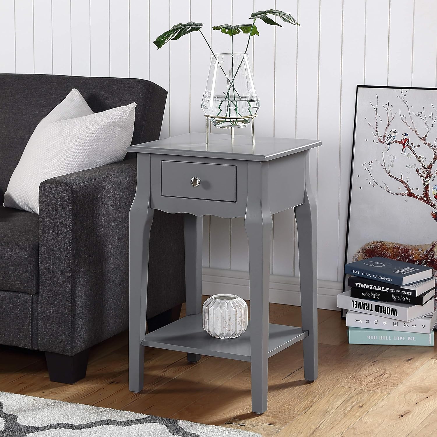 Roundhill Furniture Buren Wood End Table with Drawer, Gray