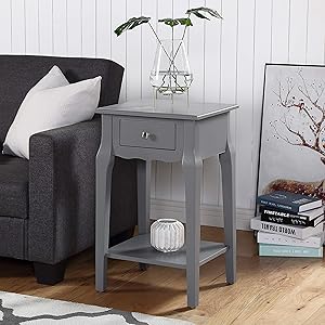 Roundhill Furniture Buren Wood End Table with Drawer, Gray