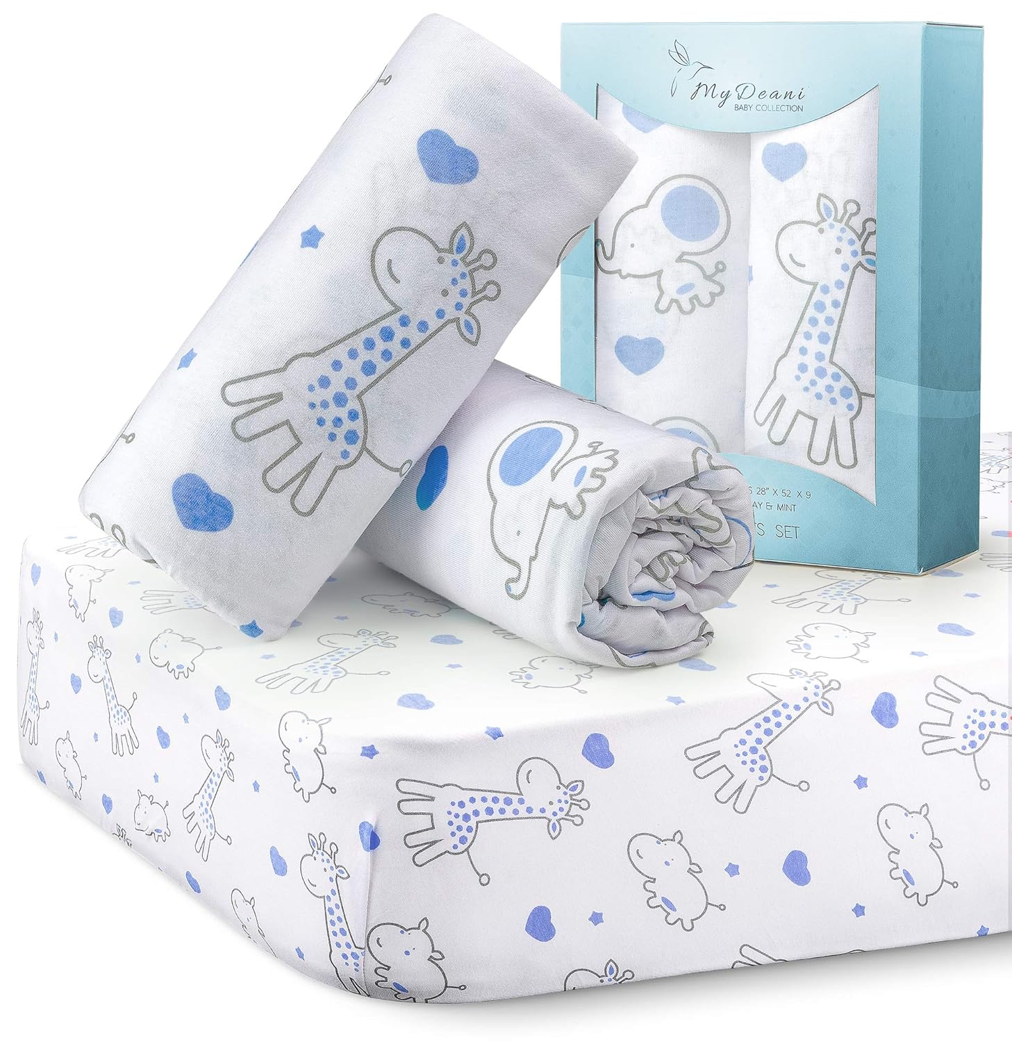 MYDEANI Fitted Crib Sheets Set 2 Pack, 100% Cotton, with Animals Prints in Gray and Blue