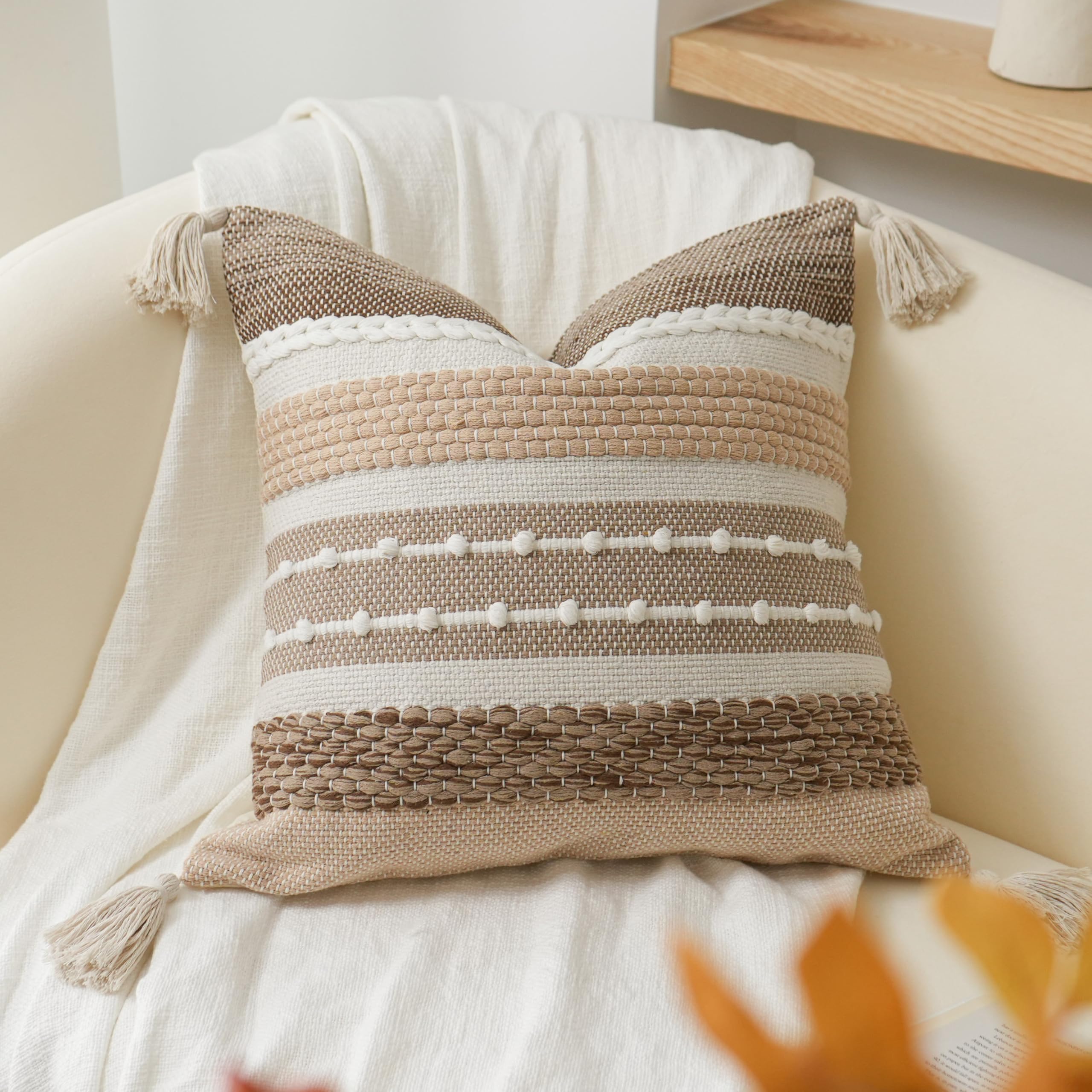 BlissBlush Boho Decorative Throw Pillow Cover 22x22 Square Brown Accent Pillowcase Tassels Farmhouse Cushion for Couch Sofa Bedroom Livingroom Home Décor Cover ONLY (Pack of 1) Image