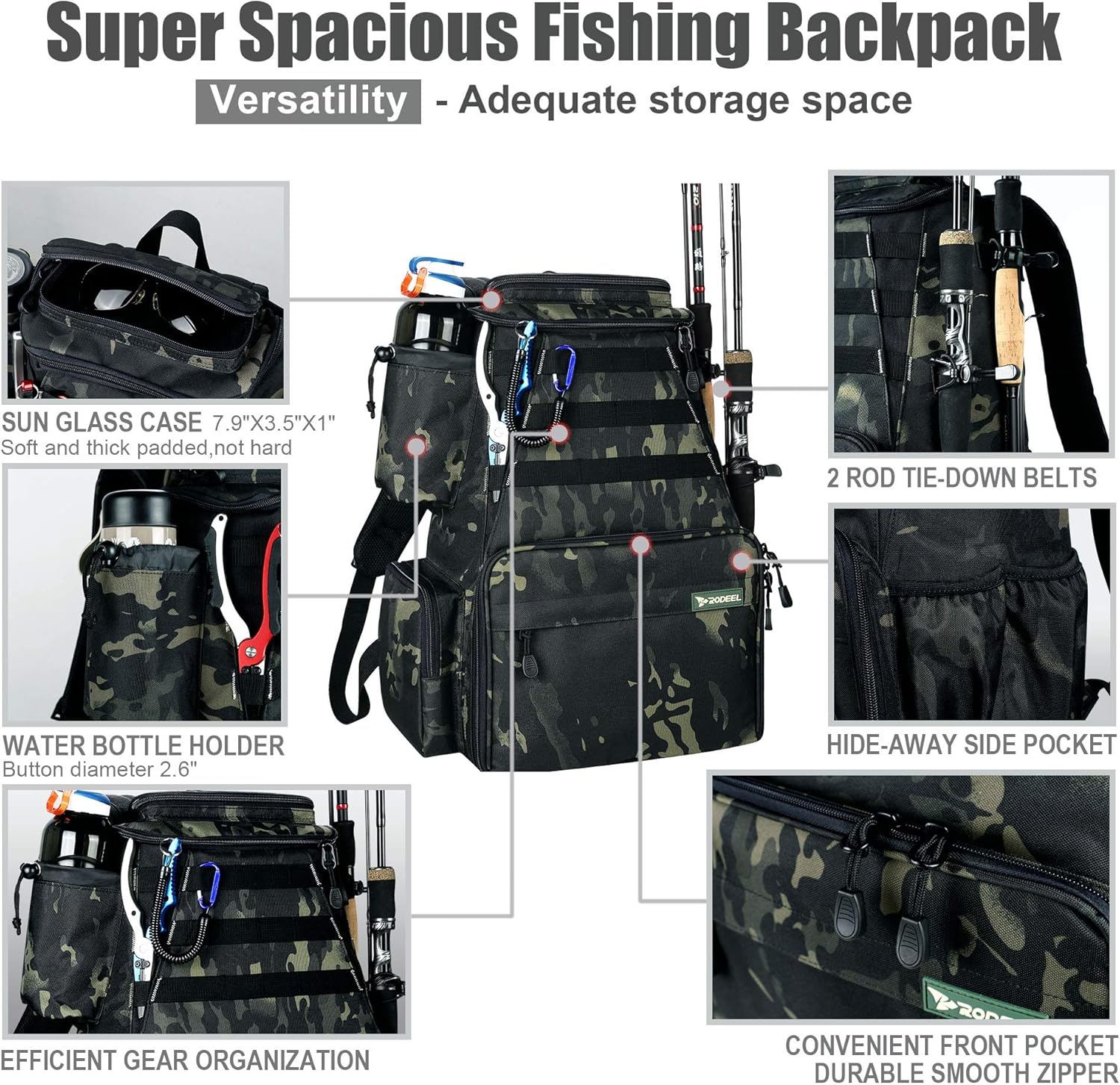 Rodeel Fishing Tackle Backpack with 4 Tackle Tray, 4 Fishing Rod Holders, Large Storage, Backpack for Trout Fishing Outdoor Sports Camping Hiking : Sports & Outdoors