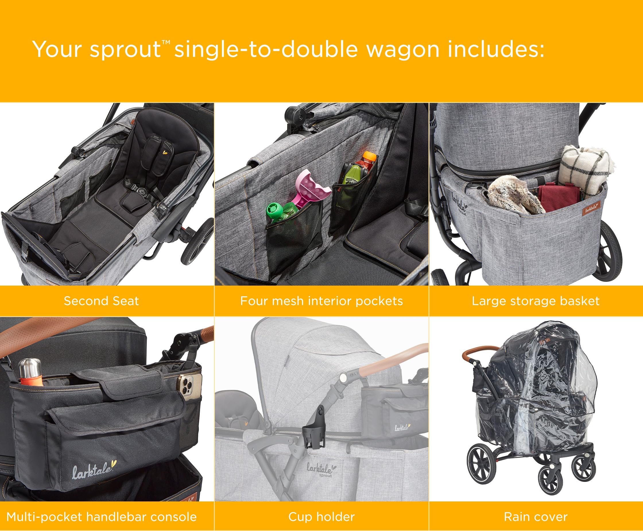 Larktale sprout Single-to-Double Stroller/Wagon - Expandable and Foldable Stroller Wagon for Kids with Canopy, Storage, and Accessories - Nightcliff Stone