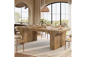 Tribesigns 71-Inch Large Dining Table for 6-8, Farmhouse Wooden Kitchen Table with Arched Design, Rectangular Dining Room Furniture with Double Pedestal for Dinner, Banquet, Natural Wood Grain