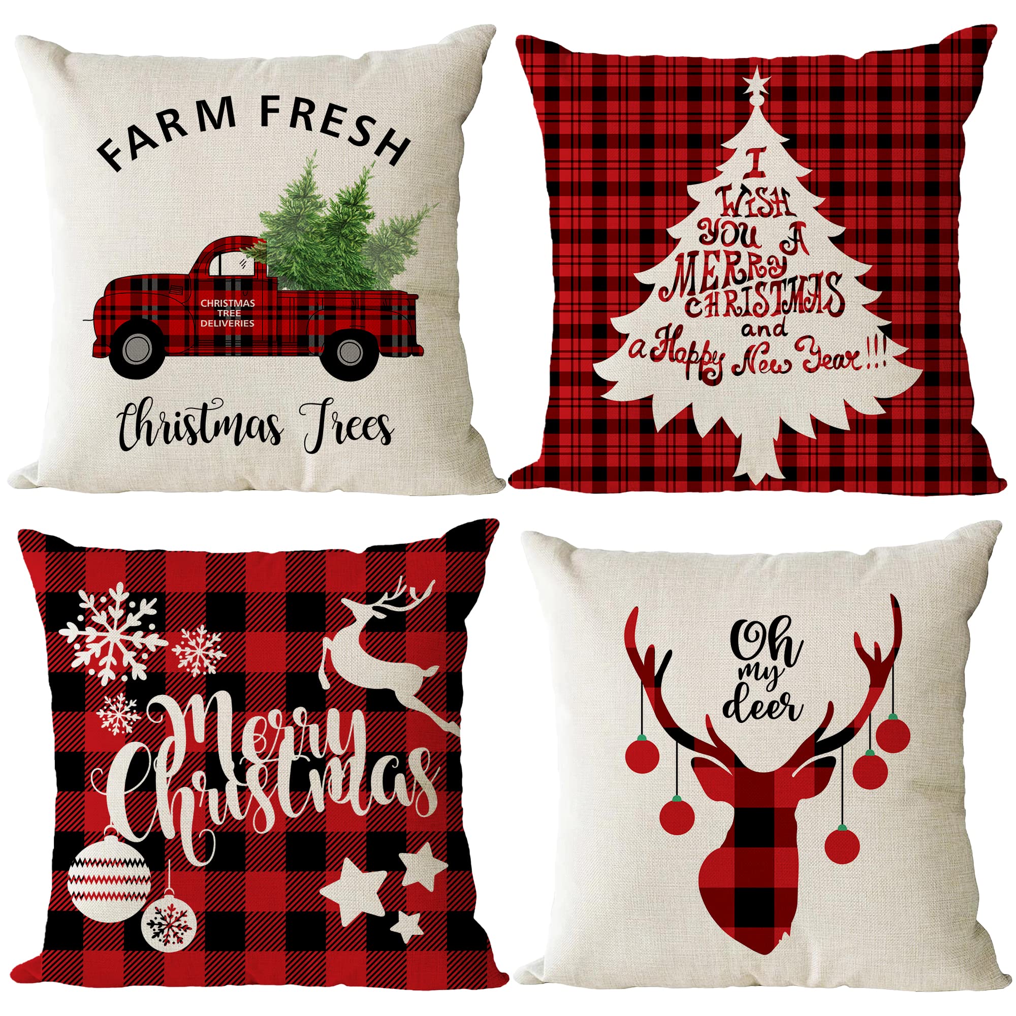 Photo 1 of **2 RED COVERS** Set Of 4 Christmas Decorative Throw Pillow Covers Christmas Holiday Xmas Square Linen Cushion Covers Merry Christmas Trees Red Truck Snowflakes Deer Outdoor Couch Sofa Home Pillow Cases 14x14 Inch