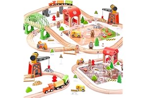 102-Piece Wooden Train Set Compatible with Major Brands, Double-Sided Expandable Train Track with Puzzles & Magnetic Crane To