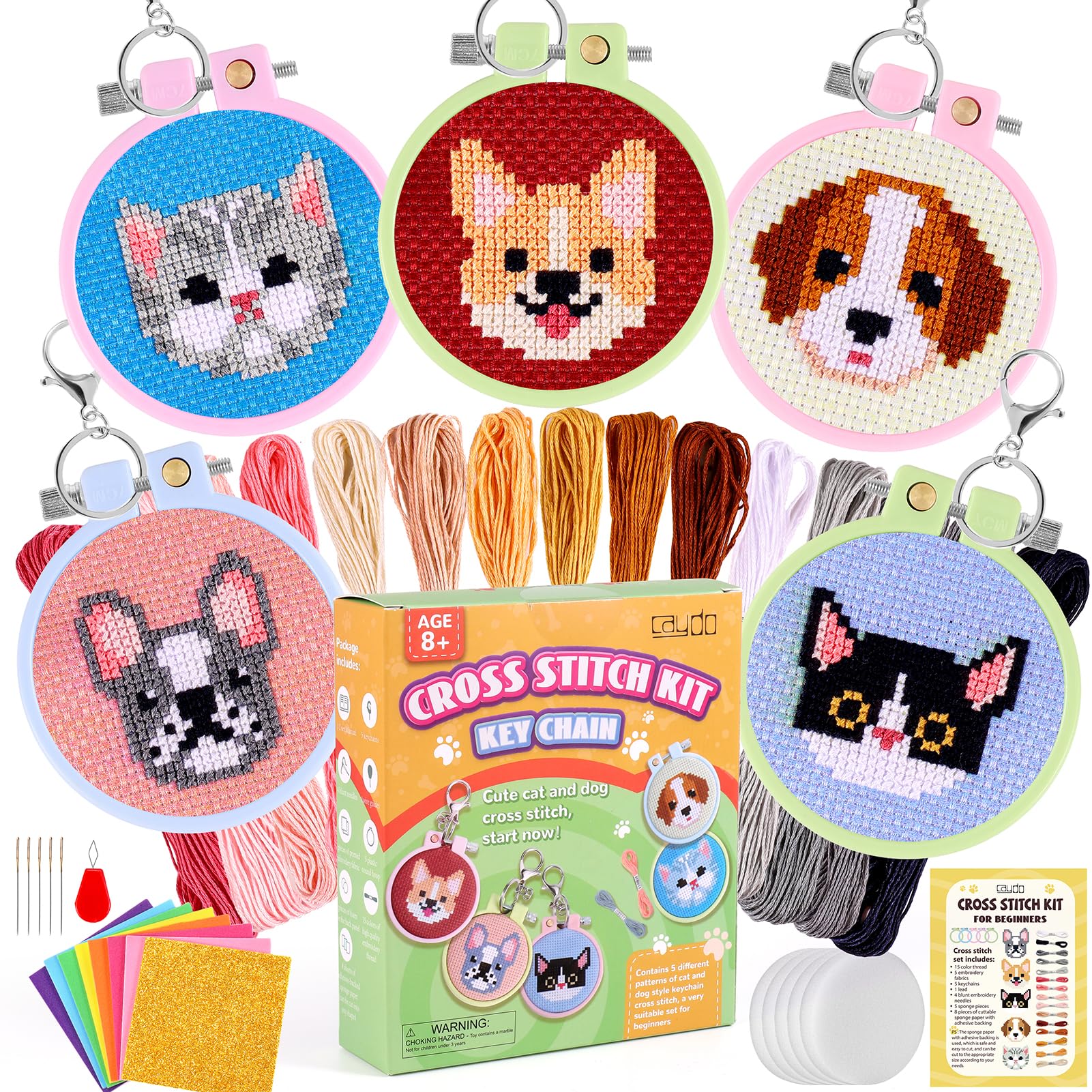 Caydo 5 PCS Cross Stitch Kits for Kids with Cats and Dogs Patterns Stamped Cross Stitch Kits for Beginners DIY Key Chain, Backpack Charms, Craft Ornaments