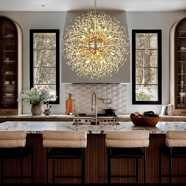 WELLMET FIREWORK CRYATSL CHANDELIER 30 INCH, GOLD FIORE CHANDELIERS MID CENTURY MODERN CONTEMPORARY BRASS CHANDELIER LIGHT FIXTURE FOR DINING ROOM LIVING ROOM BEDROOM HALLWAY ENTRYWAY FOYER