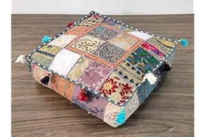 CRAFT KALA Indian Square Patchwork Traditional Pouf Cover Indian Living Room Poufs Decorative Embroidered Designer Ottoman Home Living Footstool Chair Cover Decor Pillow Cover 22x22x5 inches, Grey