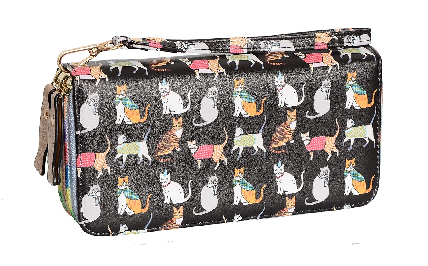 Ecohaso Women Cute Cat Print Double Zipper Long Purse Vintage Clutch