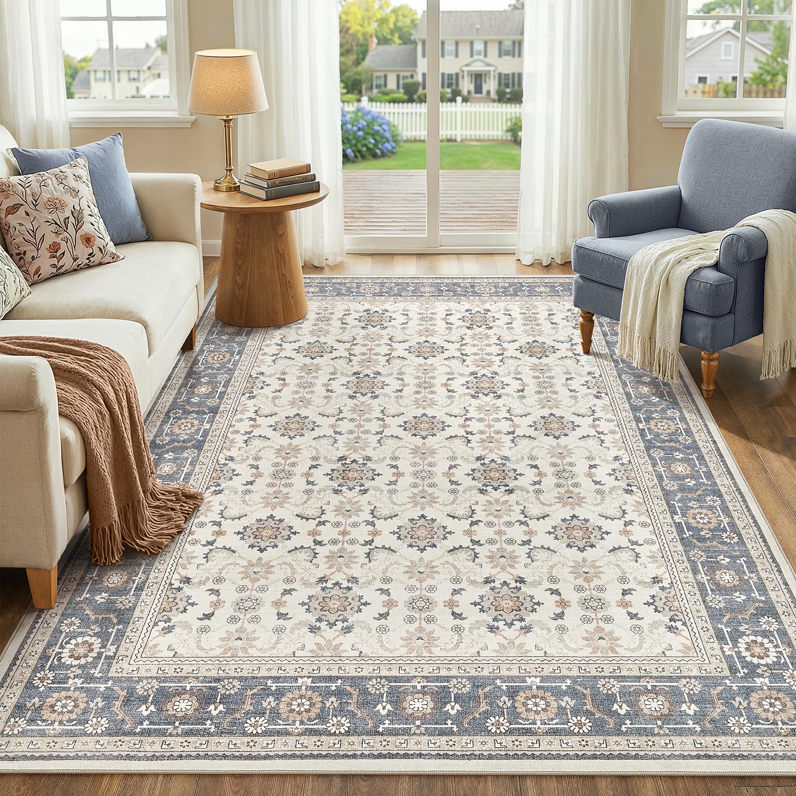 WITSHOCK 5x7 Area Rugs for Living Room: Non-Slip Washable Vintage Floral Carpet, Soft Low Pile Rug for Bedroom, Dining Table, Playroom, Lounge Home Decor (Beige Blue) Image
