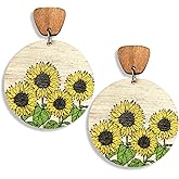 Handmade Bohemian Lightweight Round Wooden Sunflower Dangle Drop Earrings Vintage Boho Wood Geometry Flower Stud Earring for Women Statement