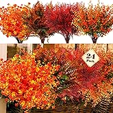 Geosar 24 Bundles Fall Artificial Flowers UV Resistant Artificial Outdoor Plants Yellow Orange Faux Flowers Decorations for Home Garden Porch Wedding Autumn Decor