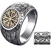 Gungneer Golden Stainless Steel Viking Compass Vegivisir Ring for Men Women, Norse Pagan Jewelry Ring Viking Rune Beard Beads Gift