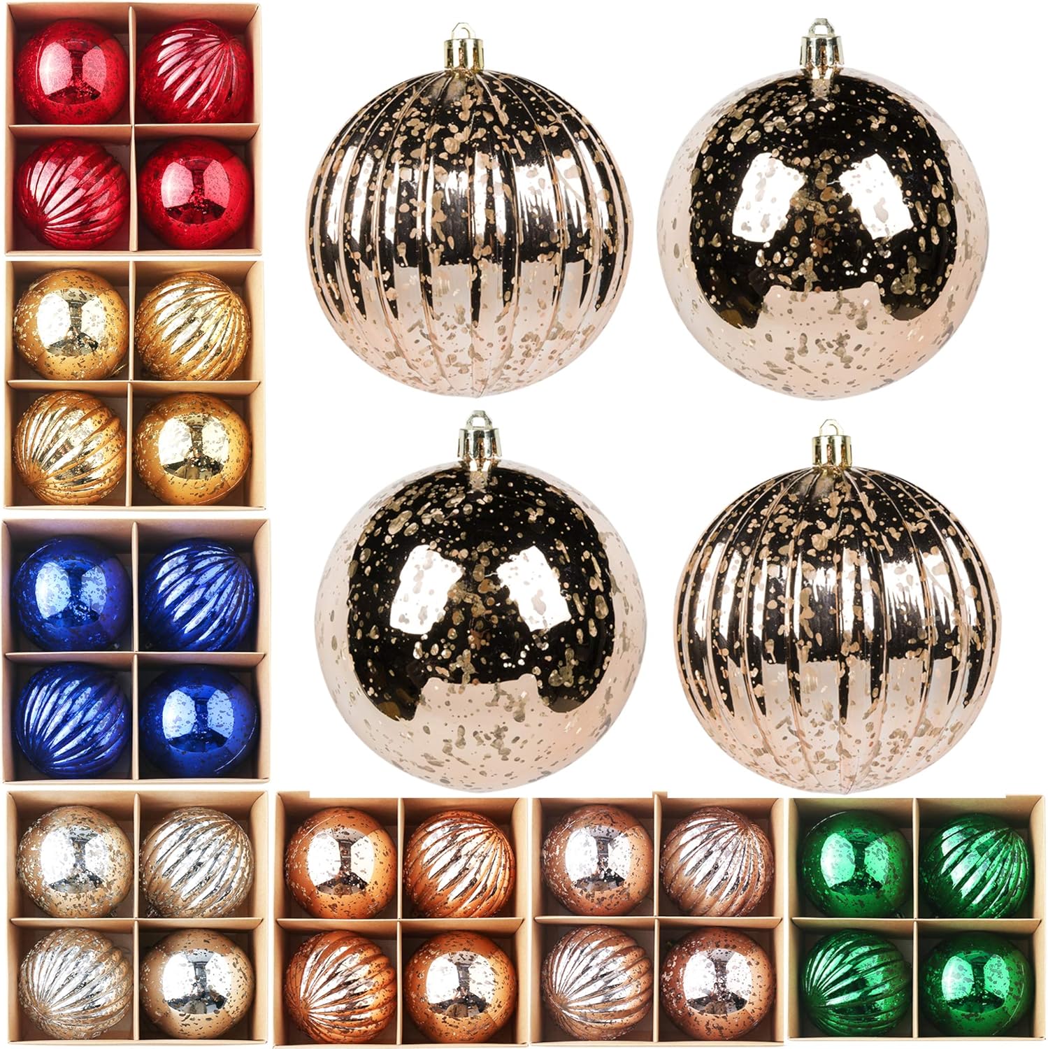 Ornaments - Sunshine 4 Pcs 4” Large Shiny Christmas Ball Ornaments,Giant Hanging Christmas Tree Ornament Decorations for Holiday, Extra Large Shatterproof Retro Mercury Balls Set (4inch, Champaign)