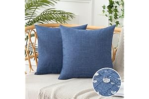 UGS UGASA UGASA Outdoor Throw Pillow Covers Pack of 2 Plaid Texture Waterproof Farmhouse Linen Decorative Square Cushion Pillows Covers for Patio Porch Outside Yard Garden Bench 18x18 Inch, Blue
