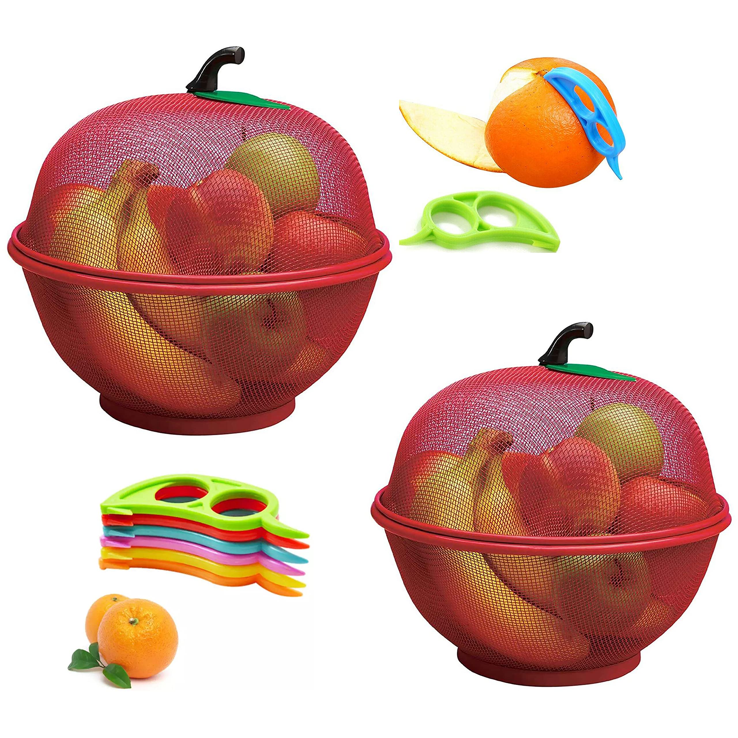 HK Online Apple Mesh Fresh Fruits Basket, Keychain Torch & Citrus Peeler -Keep Unwanted Pets & Insects Out (Red Basket, Peeler & Torch)