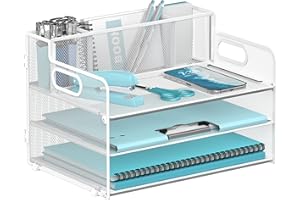 JMHUD 3-Tier Paper Letter Tray Organizer with Pen Holder, Mesh Desk Accessories & Workspace Organizers with Handle, File Sort