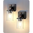 EDISHINE Wall Sconces Set of 2, Farmhouse Vanity Light Fixtures with Clear Glass Shade & Dark Brown Wood Grain Paint, 1-Light Wall Mount Lamp for Bathroom, Hallway, Living Room, Mirror, Kitchen