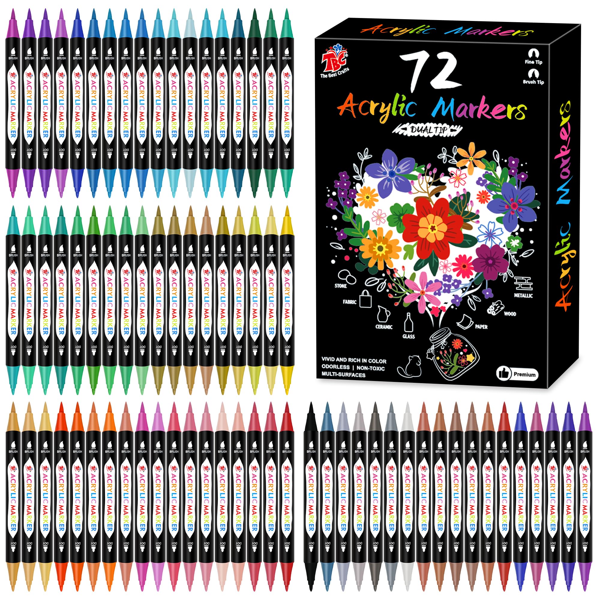 TBC The Best Crafts 72 Colors Dual Tip Acrylic Paint Markers,Waterproof, Non-Toxic, odorless, Suitable for Paper, Pottery, Stones, Backpacks, Glass Image