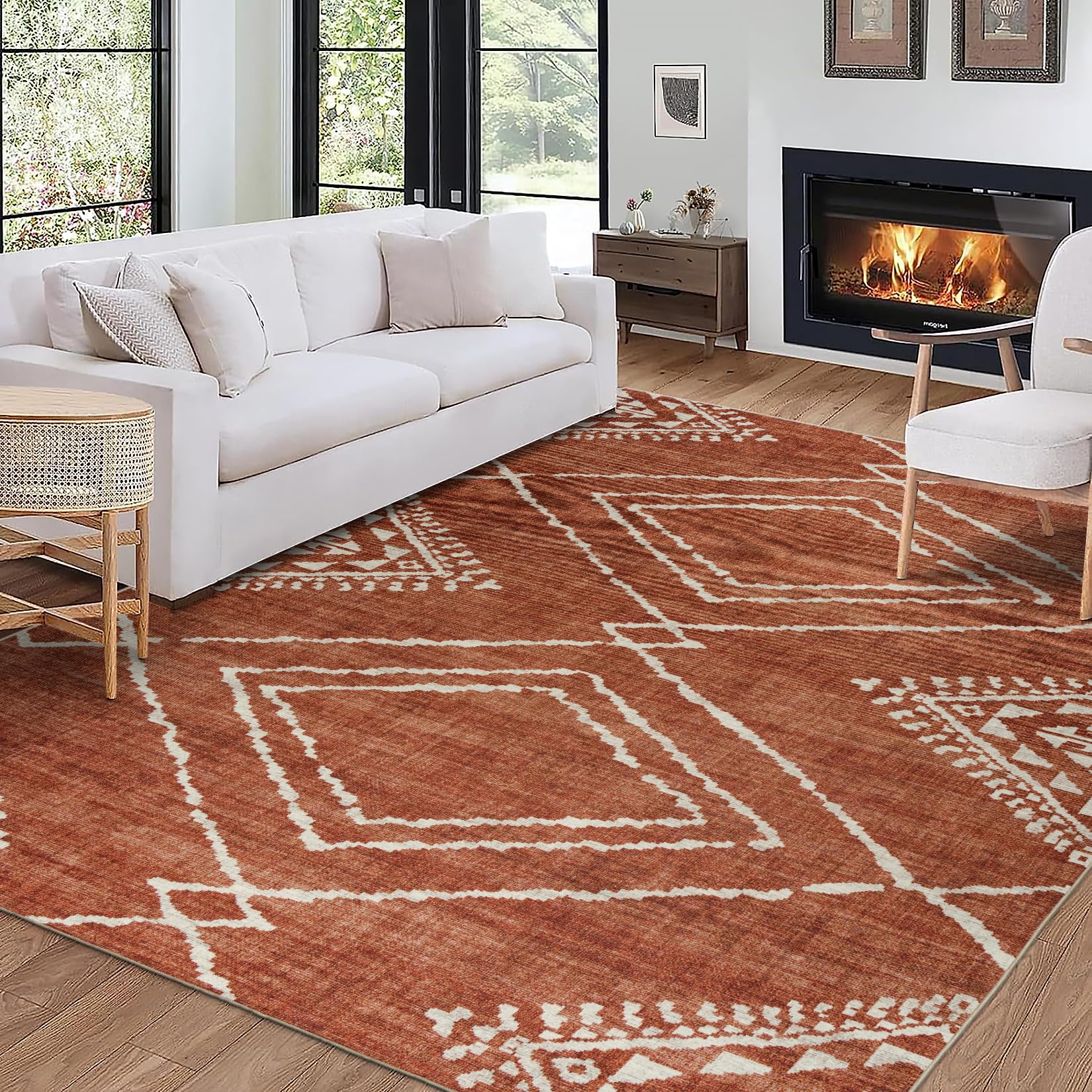 Photo 1 of ReaLife Machine Washable Area Rug Runner - Living Room Bedroom Bathroom Kitchen Entryway Office - Padded Low Pile Stain Resistant Premium - Moroccan Diamond Tribal - Jax - Orange 3' x 5'