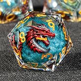 KERWELLSI Liquid Core Dragons Pattern Dice, Resin DND Dice Set with Gift Box, Blue and Gold Sharp Edged Dungeons D&amp;D Dice, Role Playing Game Dice D20 D12 D10 D8 D6 D4