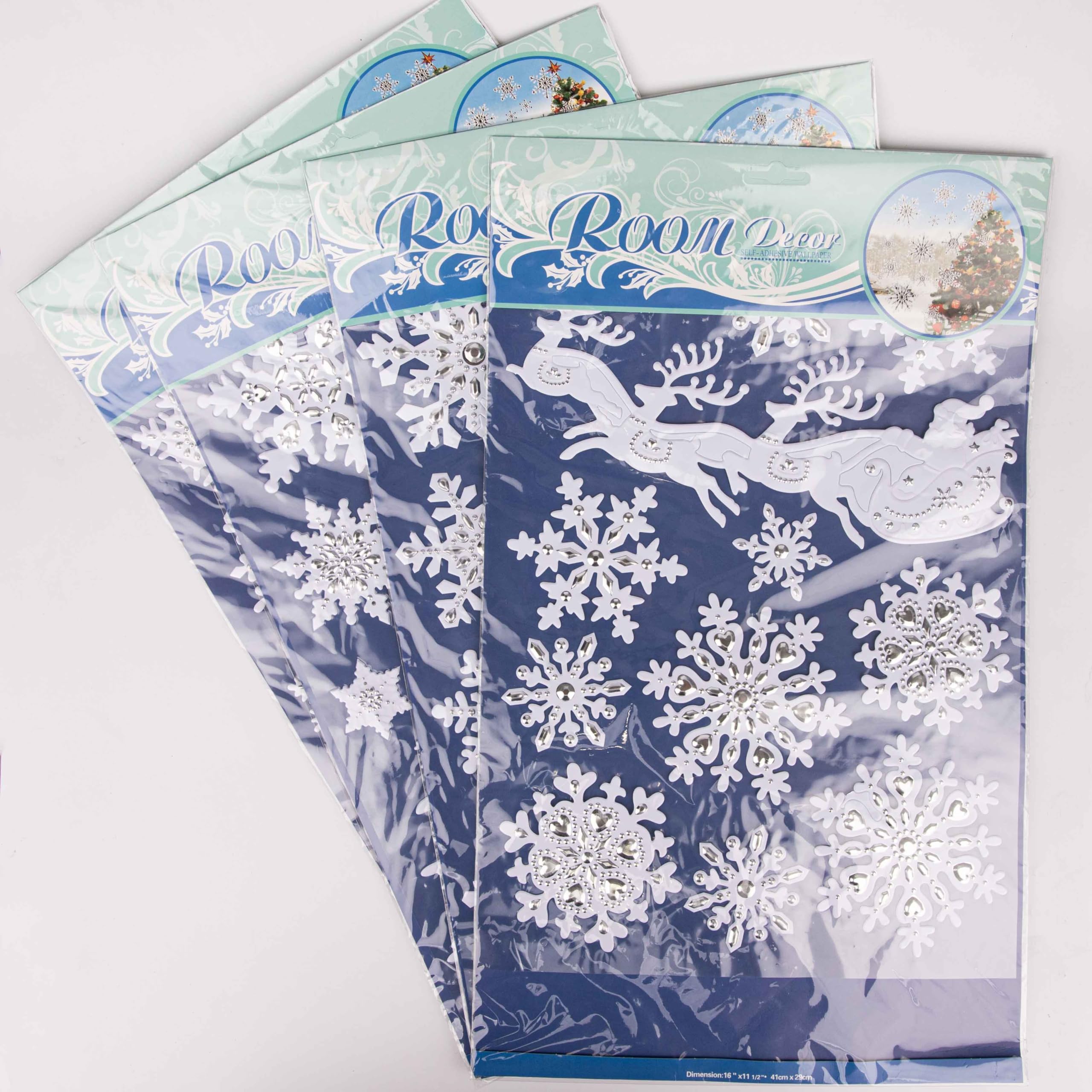 3D Christmas Window Stickers Snowy White and Silver - 4 Assorted Sheets Christmas Window Decorations Clings Reusable Glass Snowflakes Sticker Christmas Scene, PVC Static Xmas Window Display Decals