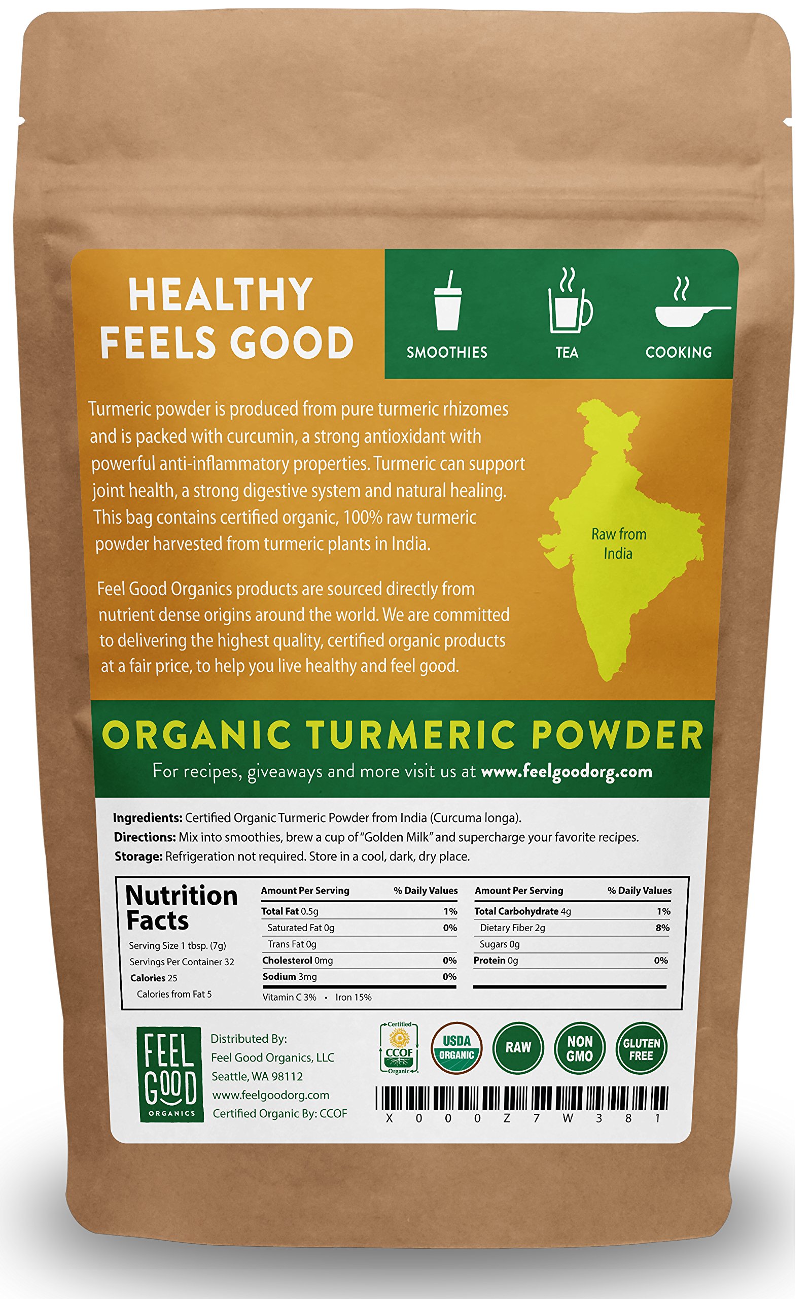 Organic Turmeric Powder 8oz Resealable Bag 100 Raw w/Curcumin From