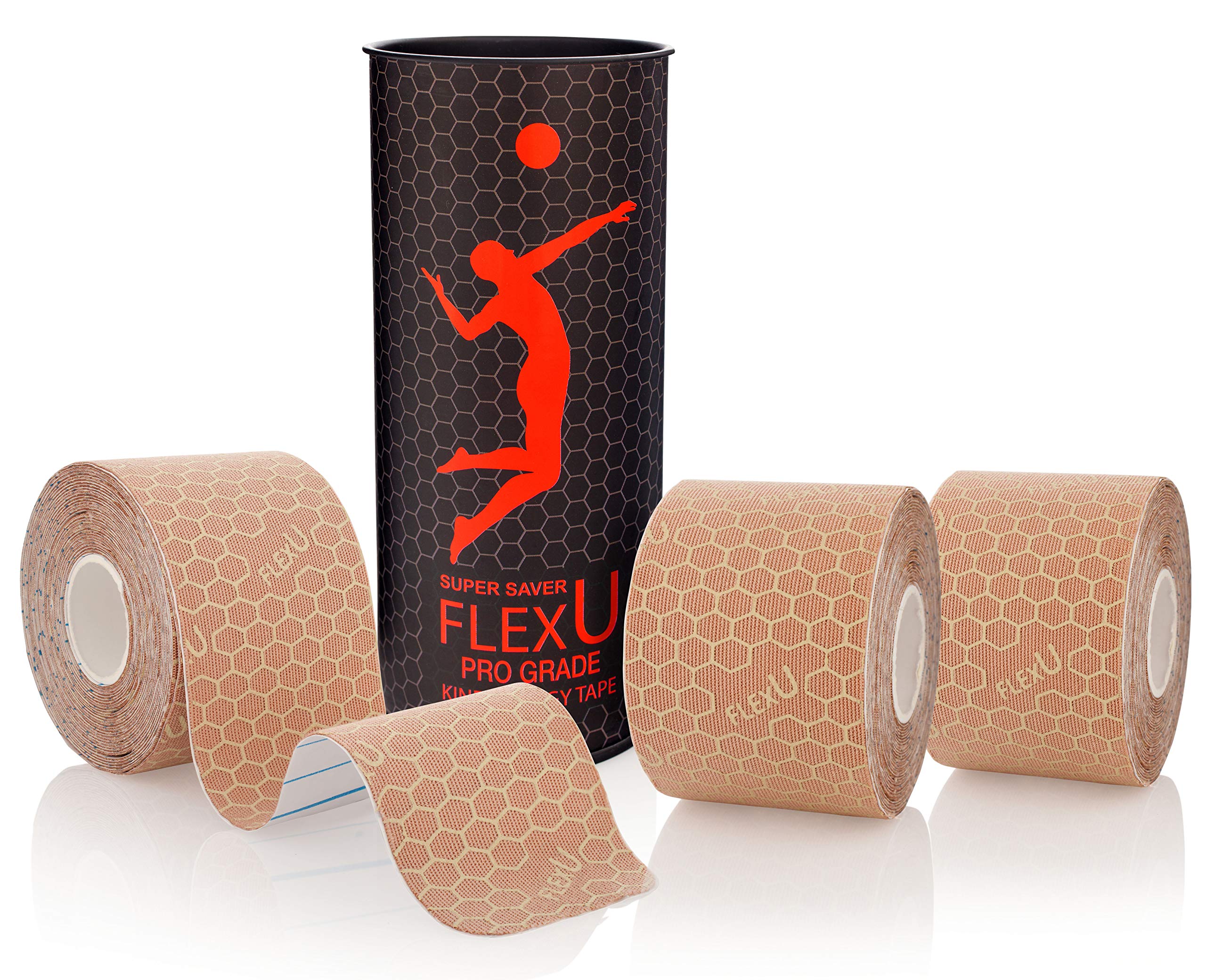 FLEXU Kinesiology Tape, Black 3 Roll Pack - Ultra-Thin Rayon, Latex-Free, Hypoallergenic Professional Therapeutic Tape to Alleviate Pain, Reduce Swelling, and Promote Faster Recovery (beige)