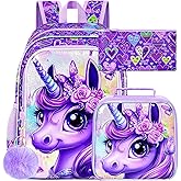 HPJGD 3PCS Unicorn Preschool Backpack, Water Resistant Girls Bookbag Set with Lunch Box, Cute Elementary School Bag for Toddler - Diamond Unicorn Purple