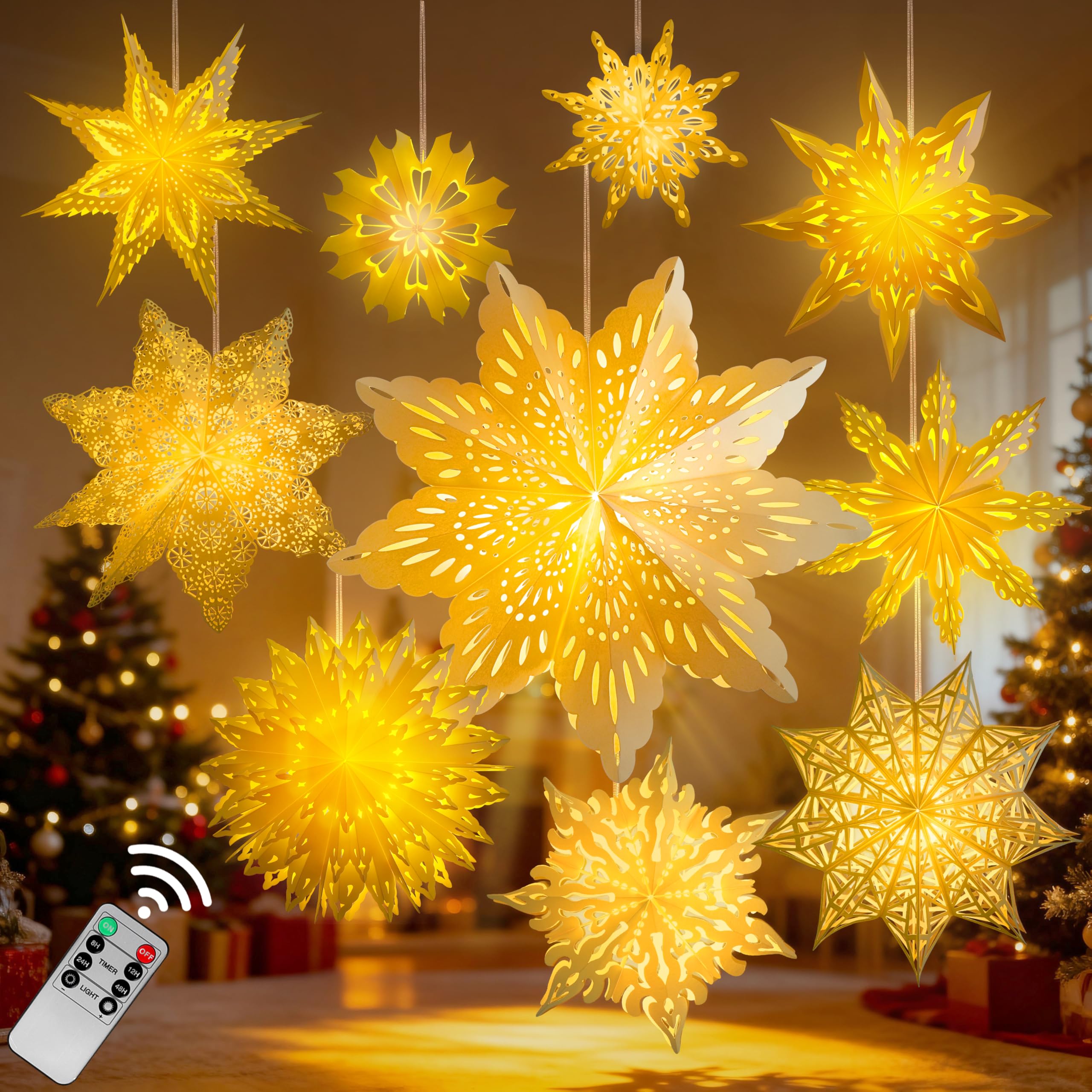 Photo 1 of 10 Pcs Christmas Paper Snowflake Lanterns, Large Christmas Paper Star Lanterns with LED Lights White Hanging Snowflake Lamp Ornaments for Xmas Winter Frozen Weddings Birthday Holiday Party Decorations
