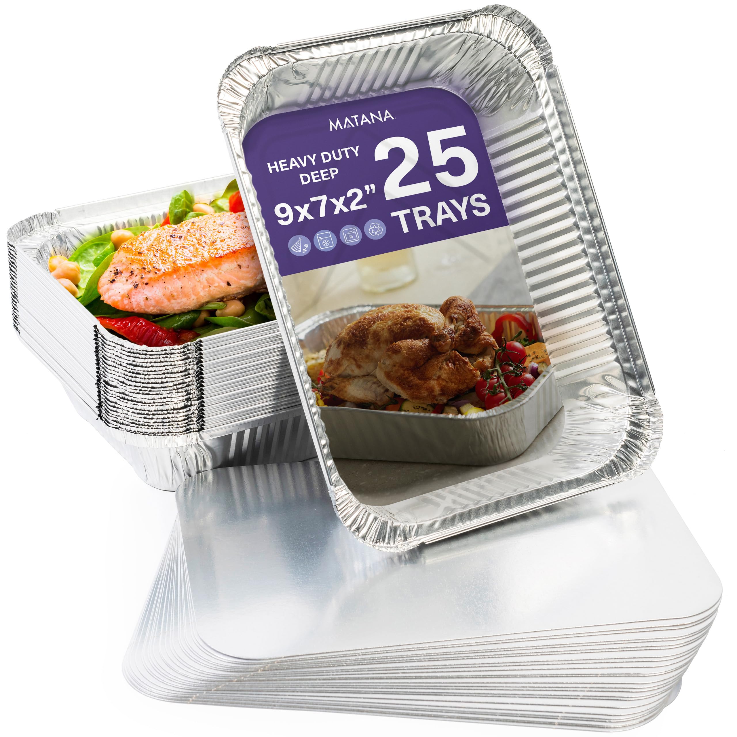 MATANA 25 Aluminium Foil Trays with Lids – 22×17 cm (1200 ml) | Heavy-Duty Roasting & Baking Pans – Sturdy, Disposable or Reusable Food Containers, Oven & Freezer Safe