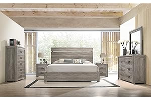 Roundhill Furniture Floren Contemporary Weathered Gray Wood Bedroom Set, Queen Panel Bed, Dresser, Mirror, Two Nightstands, Chest