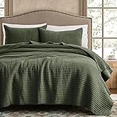 WDCOZY 100% Cotton Queen Size Quilt Set - Olive Green Striped Pick Stitch Soft Lightweight Bedspread, Textured Like Linen, Farmhouse Country Rustic Coverlet, Shabby Chic Gauze Bedding, 3 Pieces