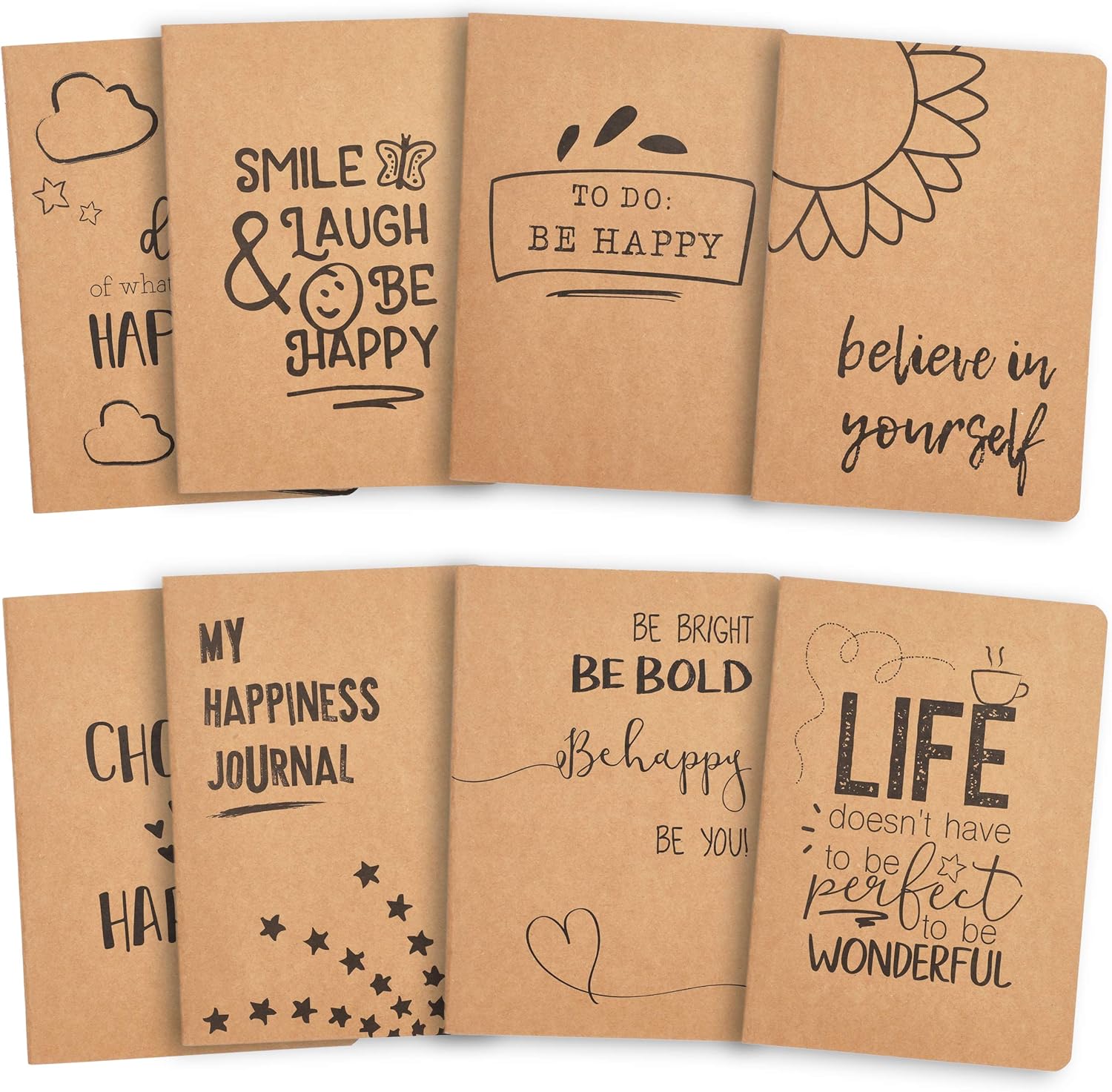 Blank Lined Kraft Notebooks 8Pack 6 Happy Themed Designs Soft