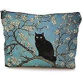 QGFM Almond Blossom Black Cat Makeup Bag, Black Cat Gifts Cosmetic Bags for Women, Cats Lover Lady Mom Grandma Gifts, White Almond Flower Kitty Kitten Zipper Makeup Pouch
