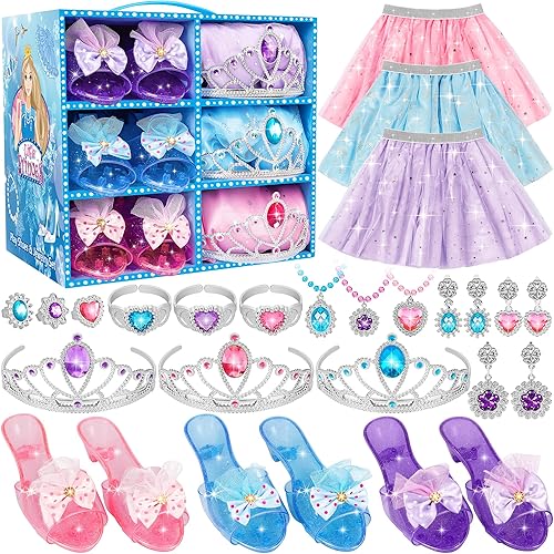 LJZJ Princess Dress Up Toys & Jewelry Boutique, Costumes Set incl Color Skirts, Shoes, Crowns, Accessories, Girls Role Play Gift for 3 4 5 6 Year old Girl Toddler ​B-day Party Favors