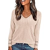 PRETTYGARDEN Women's Long Sleeve Shirts Ribbed Knit V Neck Tee Dressy Casual Blouses Going Out Tunic Tops 2026 Fall Outfits