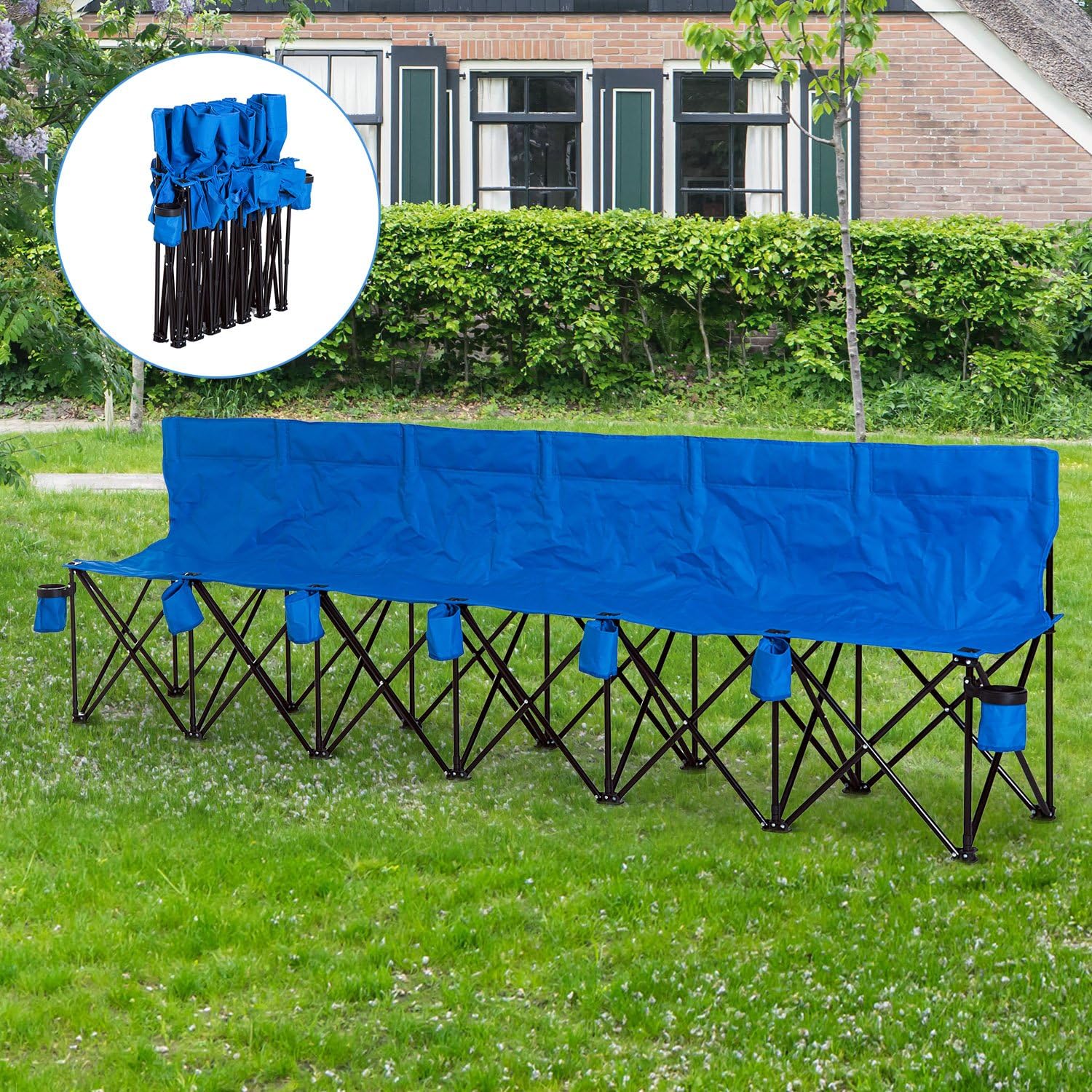 Outsunny 6 Seater Folding Bench, Outdoor Camping Chair Portable Sports Spectator Chair with Steel Frame, Cup Holder & Carry Bag, Blue - Image 4