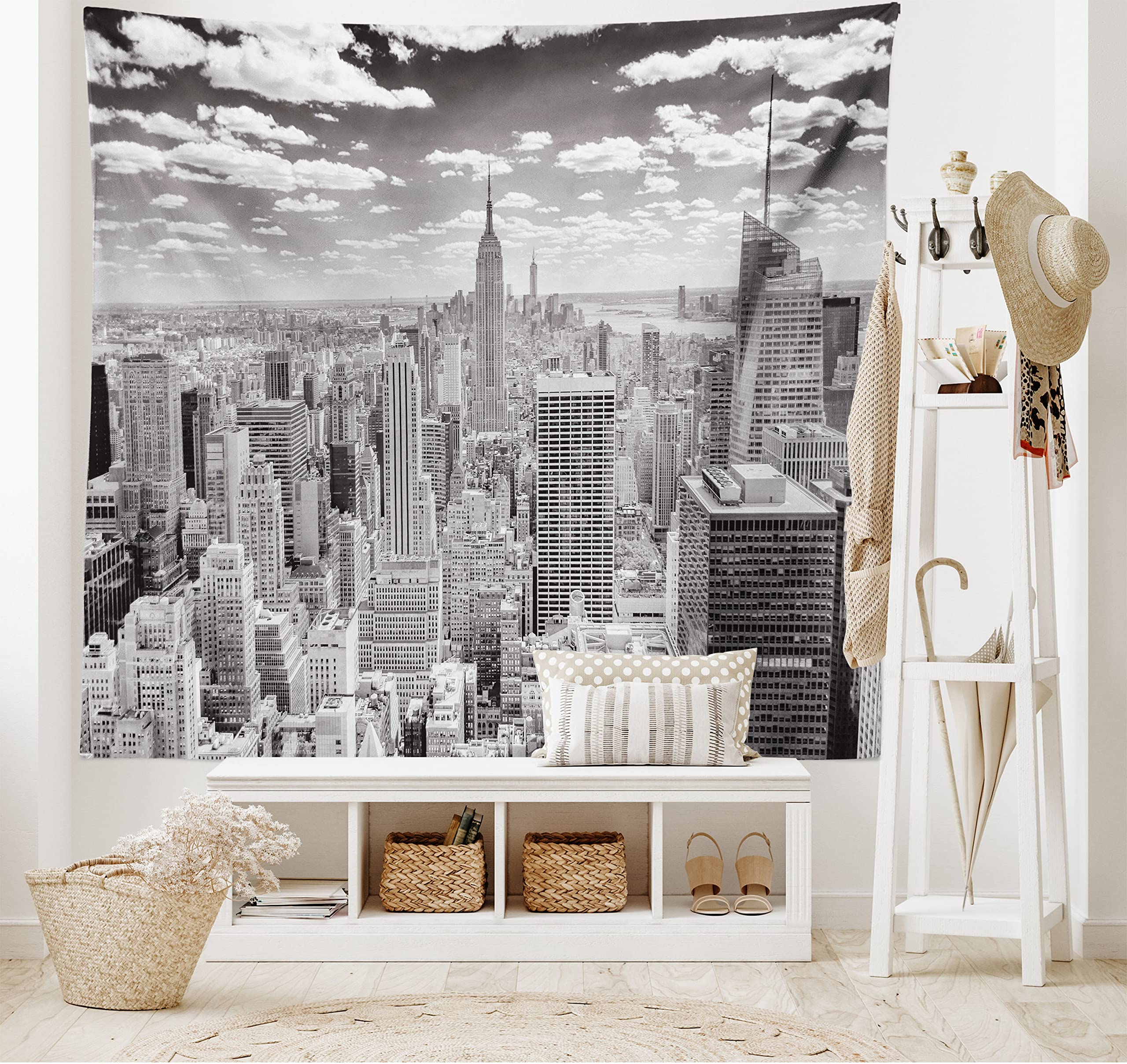 ABAKUHAUS New York Tapestry, NYC over Manhattan from Top of Skyscrapers Urban Global Culture City Panorama, Fabric Wall Hanging Decor for Bedroom Living Room Dorm, 90 W X 54 L, Grey